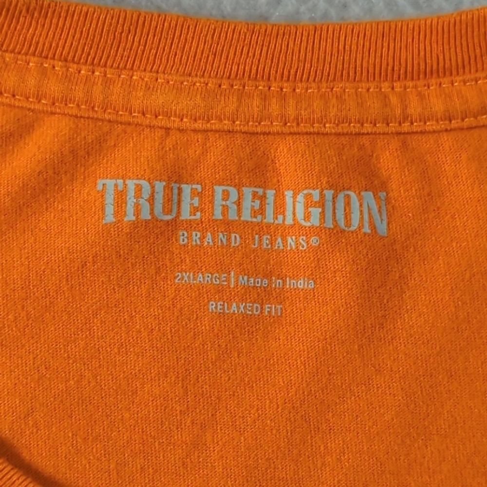 True Religion Mens Orange Graphic T Shirt Buddha Guitar Size 2XL Relaxed Fit - Picture 4 of 9